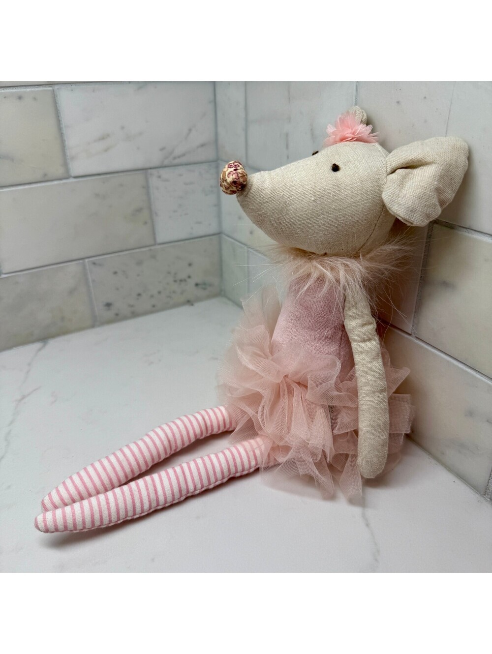 Beppe Toutou Ballerina Mouse Plush Doll 15" Linen Tulle Tutu Nursery Decor